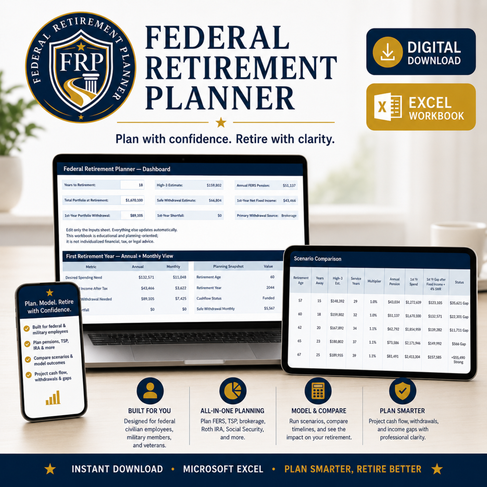 Federal Retirement Planner Excel workbook product preview shown across desktop, tablet, and phone screens